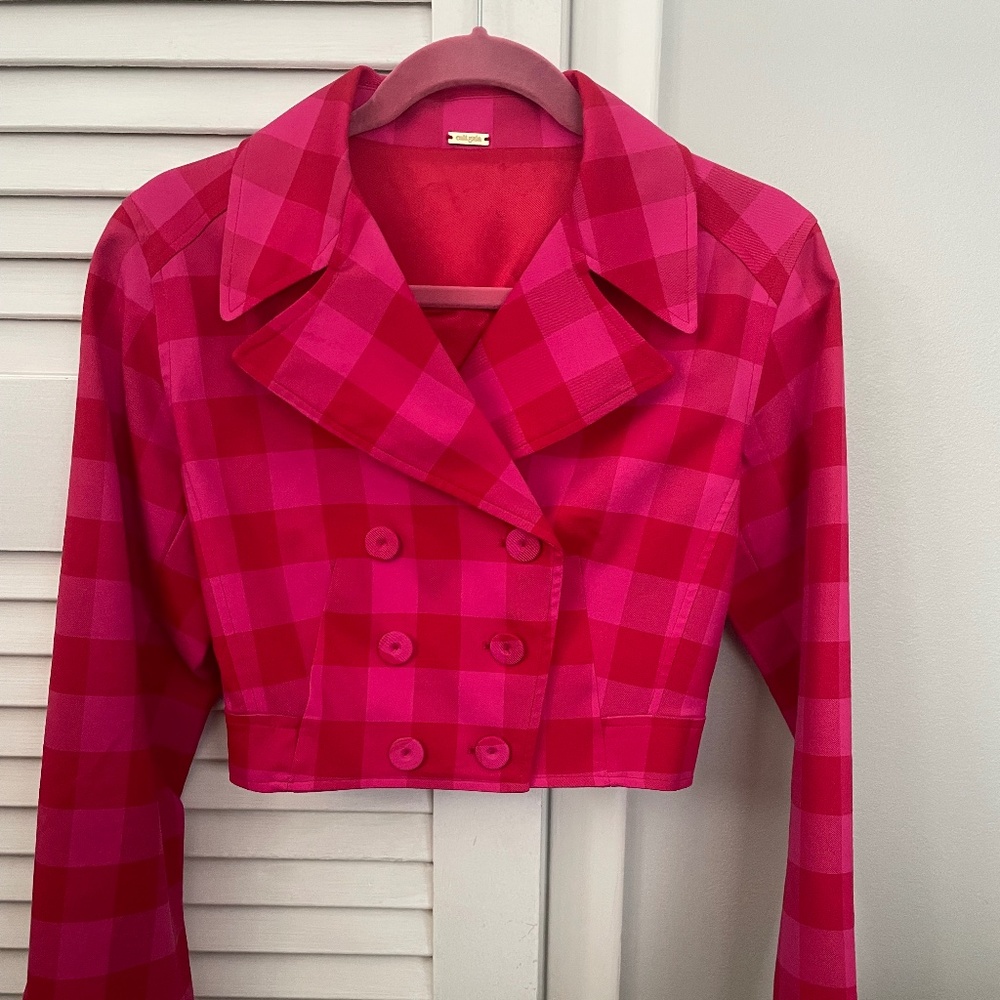 Cult Gaia pink and red plaid jacket.